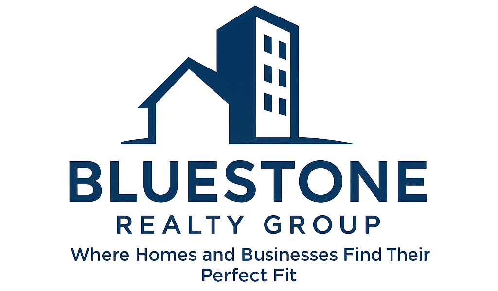 Logo for Bluestone Realty Group: a house and skyscraper in blue, with the company name and tagline.