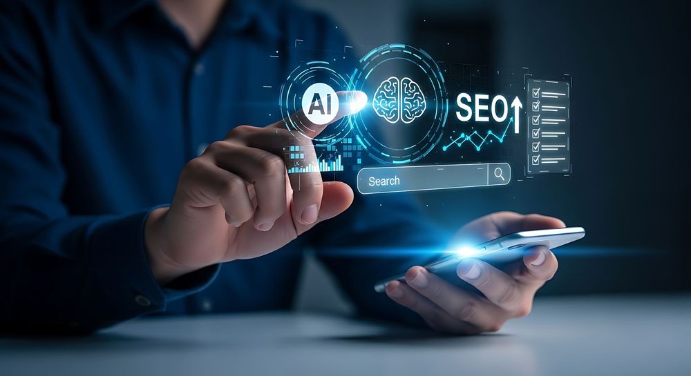 Person using smartphone with glowing AI and SEO interface hologram
