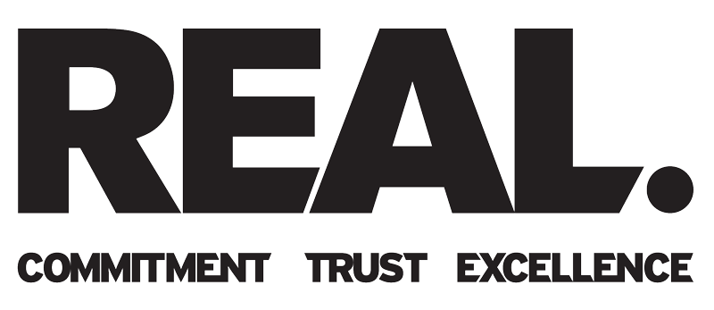 REAL logo with the words “COMMITMENT TRUST EXCELLENCE” underneath in black text on white background