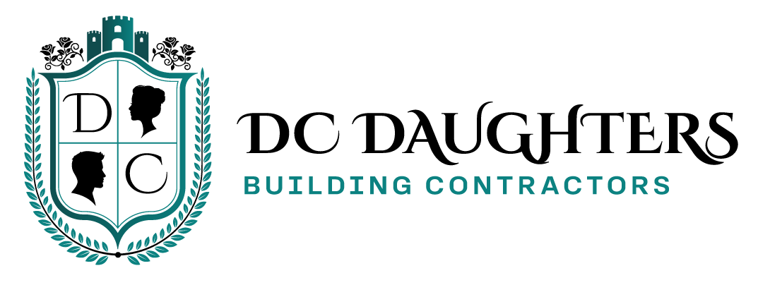 DC Daughters Building Contractors logo in black and teal with a shield emblem and city skyline