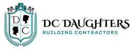 DC Daughters Building Contractors logo in black and teal with a shield emblem and city skyline