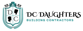 DC Daughters Building Contractors logo in black and teal with a shield emblem and city skyline