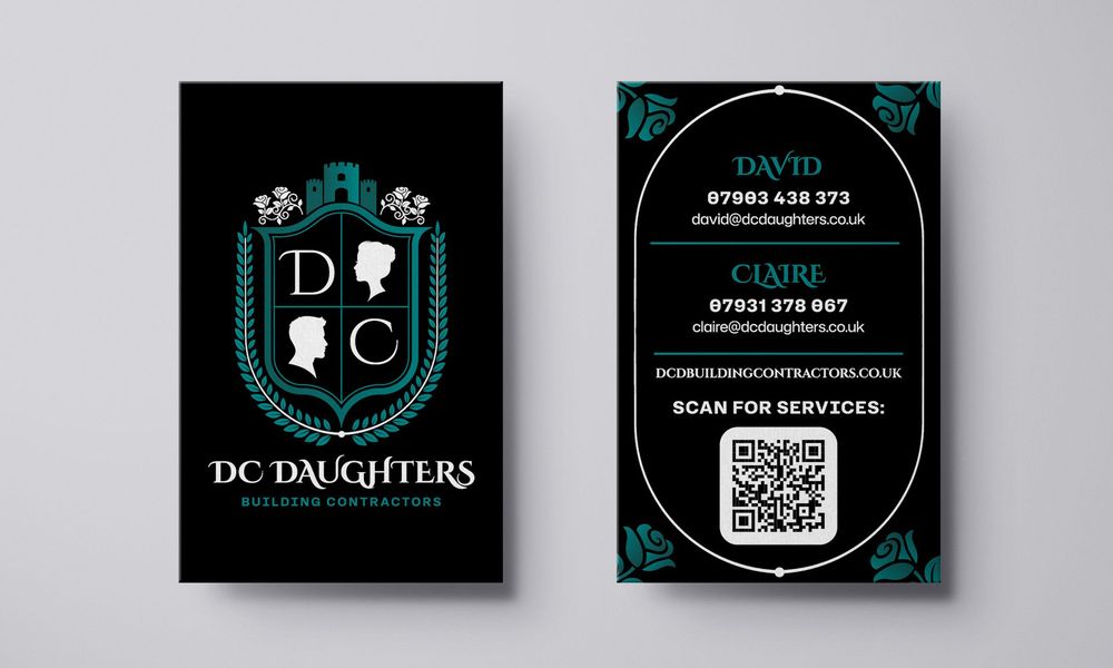 Black and teal business card for DC Daughters with ornate logo, contact details, and QR code on blue background