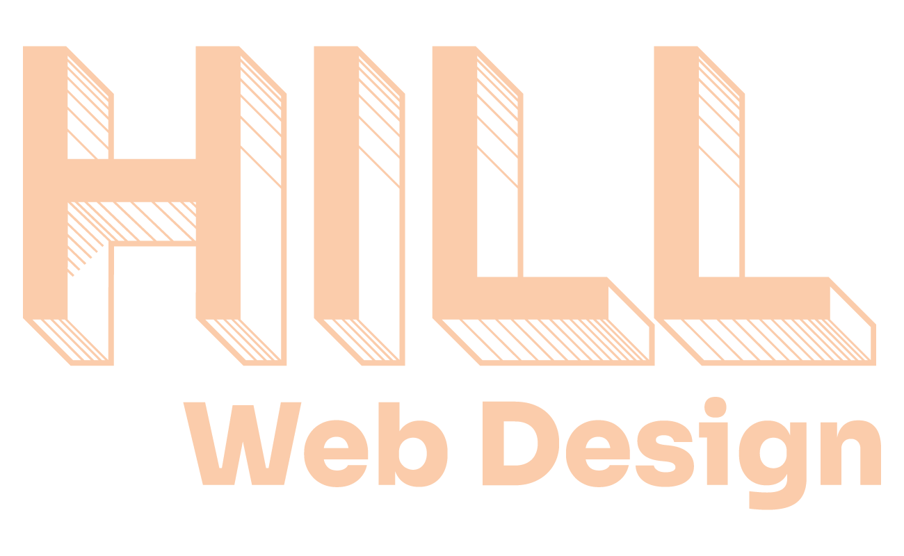 Stylized peach text reading “HILL” with “Web Design” underneath on a white background