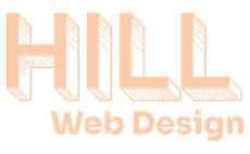 Stylized peach text reading “HILL” with “Web Design” underneath on a white background