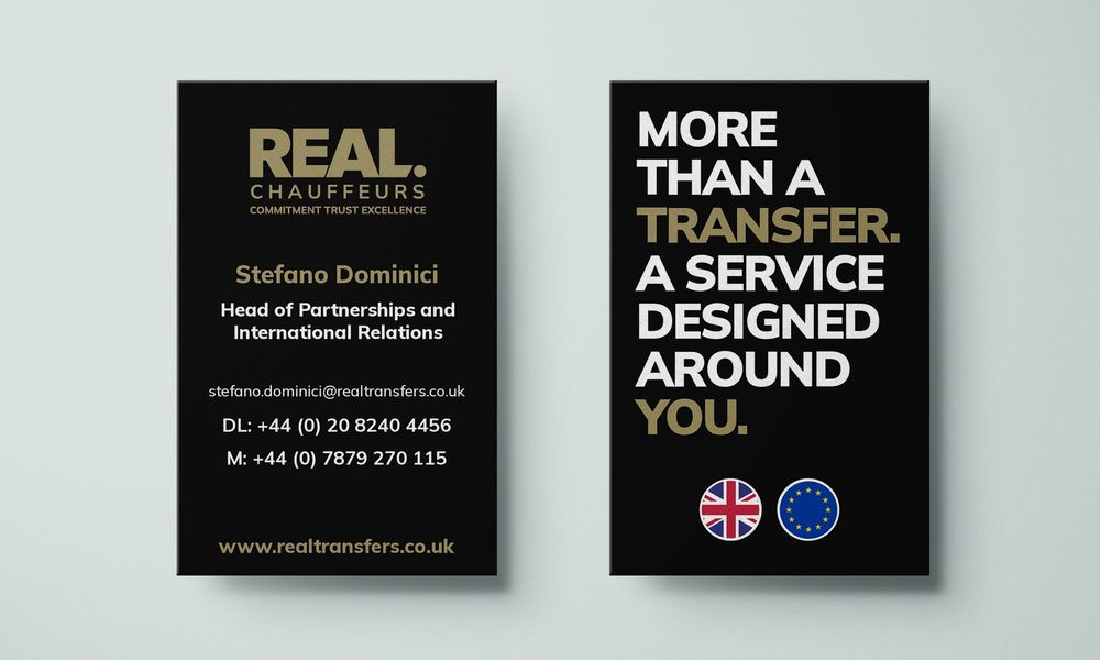 Black and teal business card for DC Daughters with ornate logo, contact details, and QR code on blue background