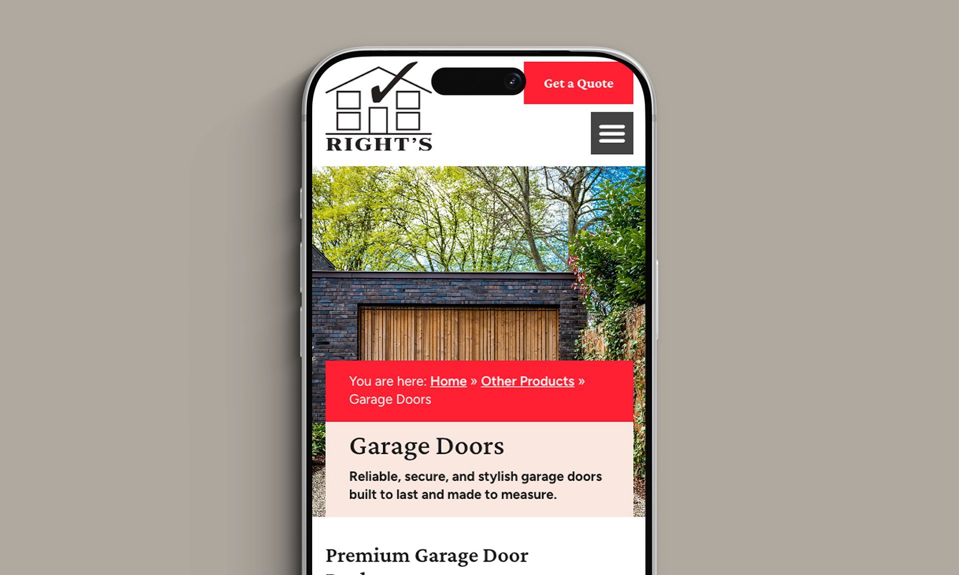 Website homepage showing black folding glass doors opening to a garden patio with a large promo banner.