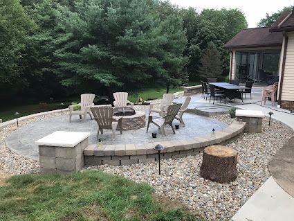 Backyard patio with stone fire pit, chairs, gravel border, and trees near a house