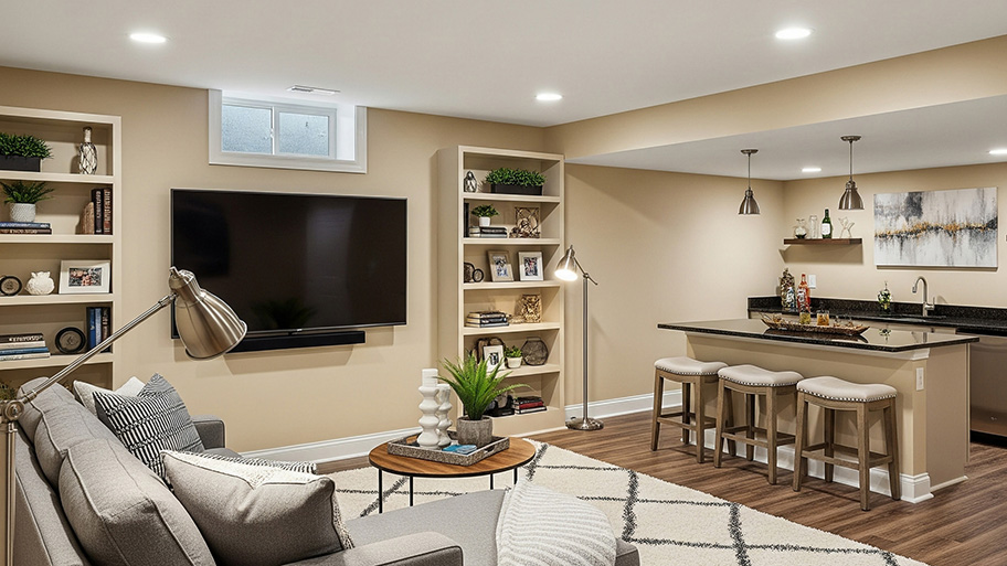 Empty, bright basement with light wood floors, white walls, support beams, and a staircase.