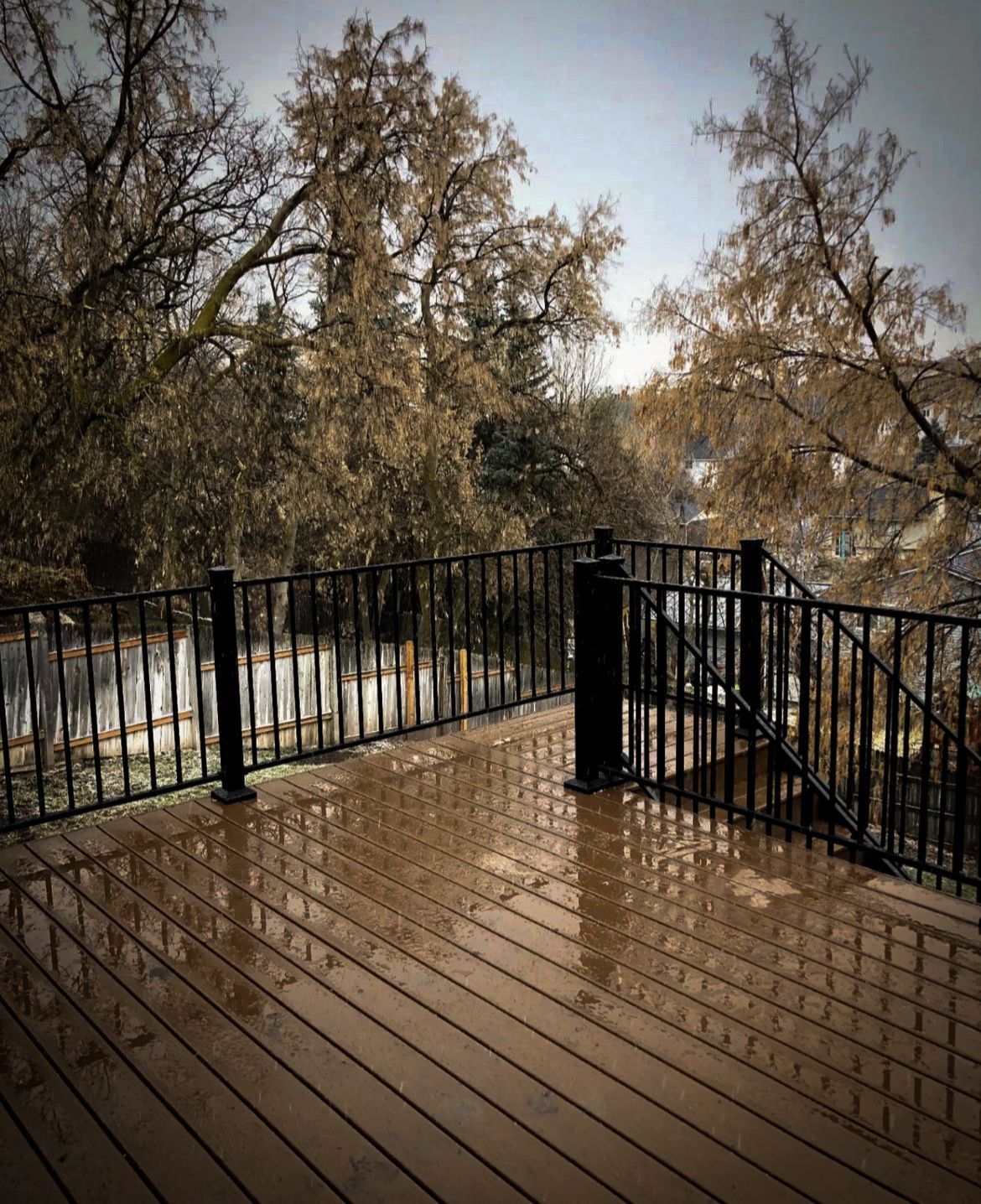A wooden deck with a metal railing and trees in the background