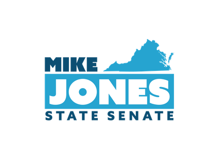 Mike Jones for State Senate campaign logo: blue text and Virginia outline on white background.