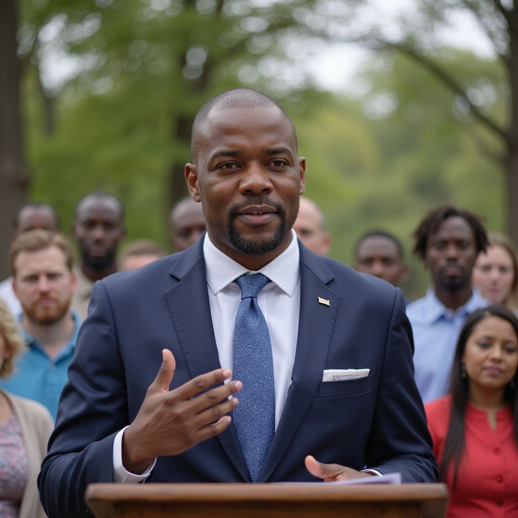 Man in suit speaking at a podium outdoors, gesturing with his hand; people listen in background.
