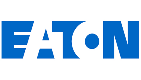 The eaton logo is blue and white on a white background.