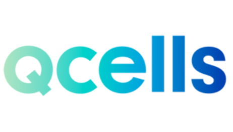 A blue and green logo for qcells on a white background