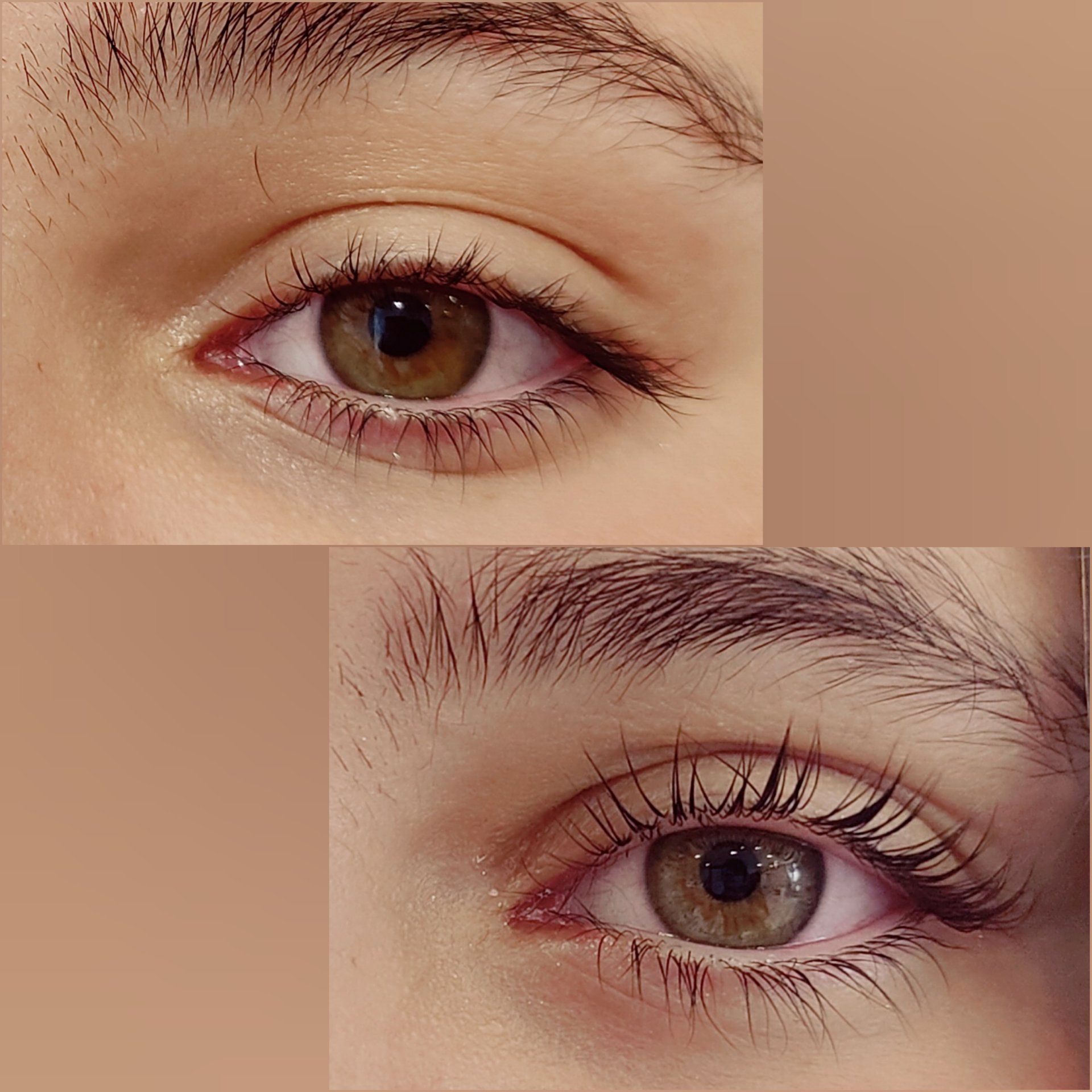 A close up of a woman 's eyes before and after applying mascara