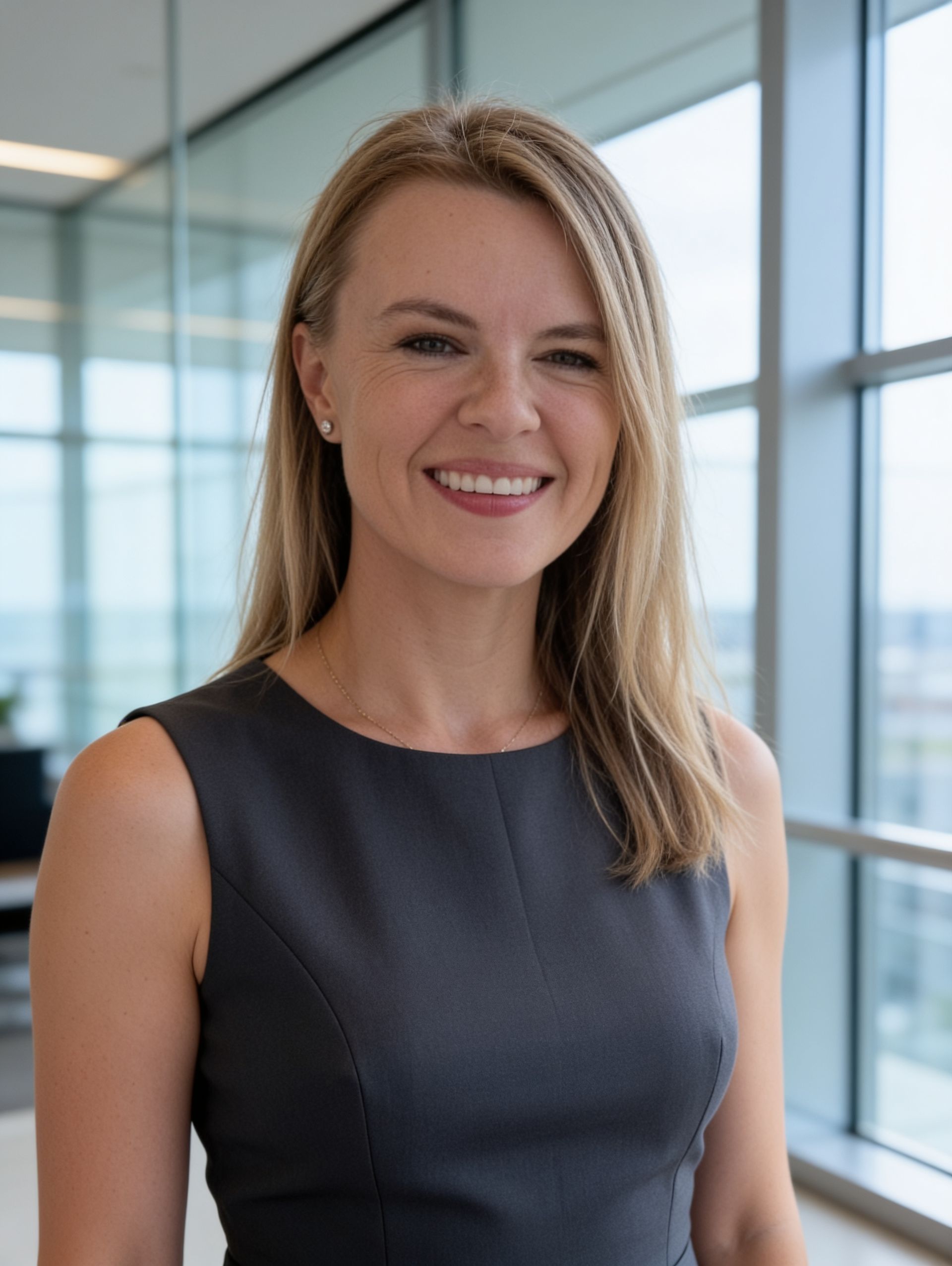 Woman with fair skin smiles.