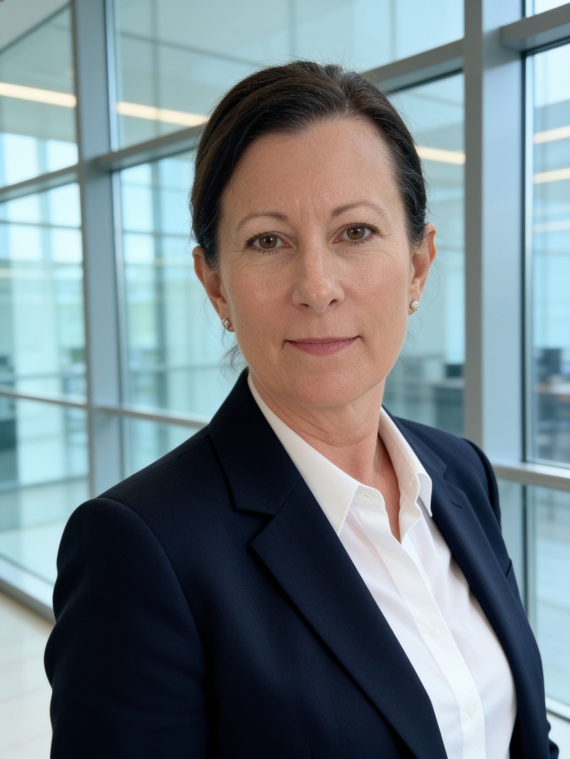 Woman with short dark hair in a suit jacket smiles at the camera.