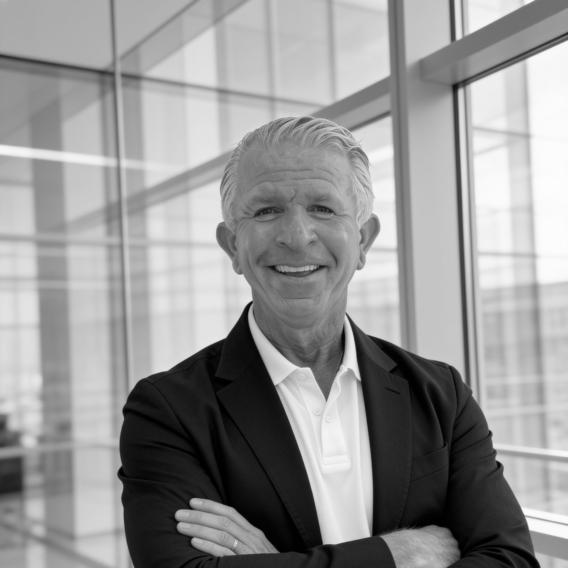 Man in suit smiling, looking at the viewer. Black and white, formal portrait.