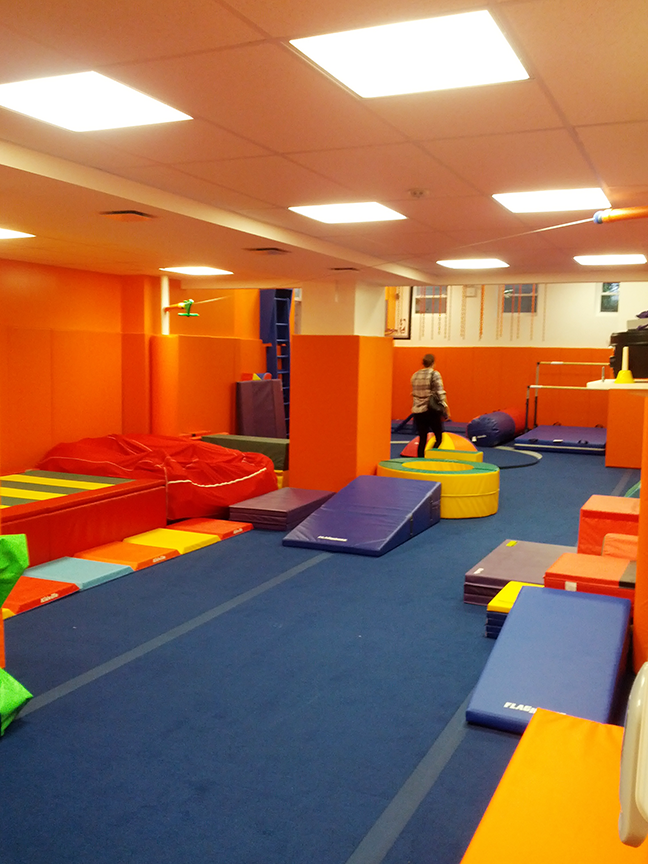 A gym with a blue carpet and lots of mats