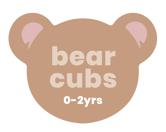 Tan bear-shaped graphic with the words