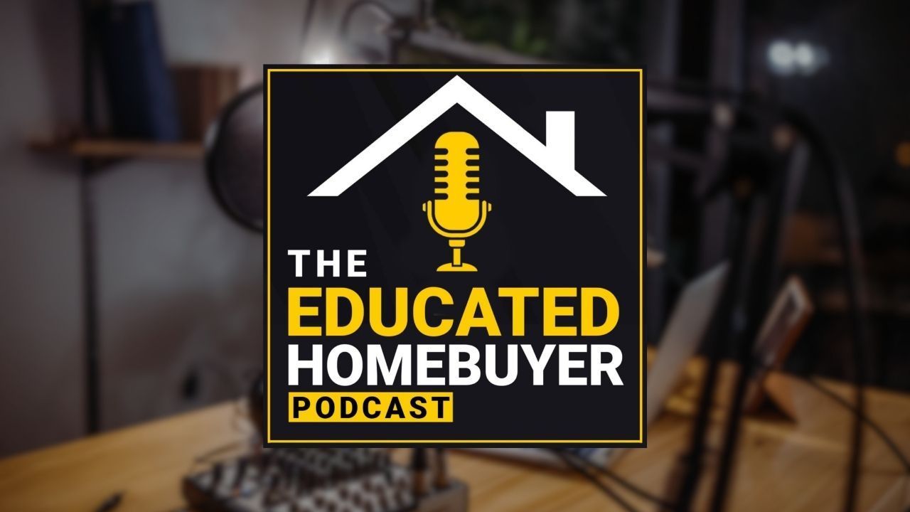 The Educated Homebuyer Podcast logo with a yellow microphone and white roof icon on a black background