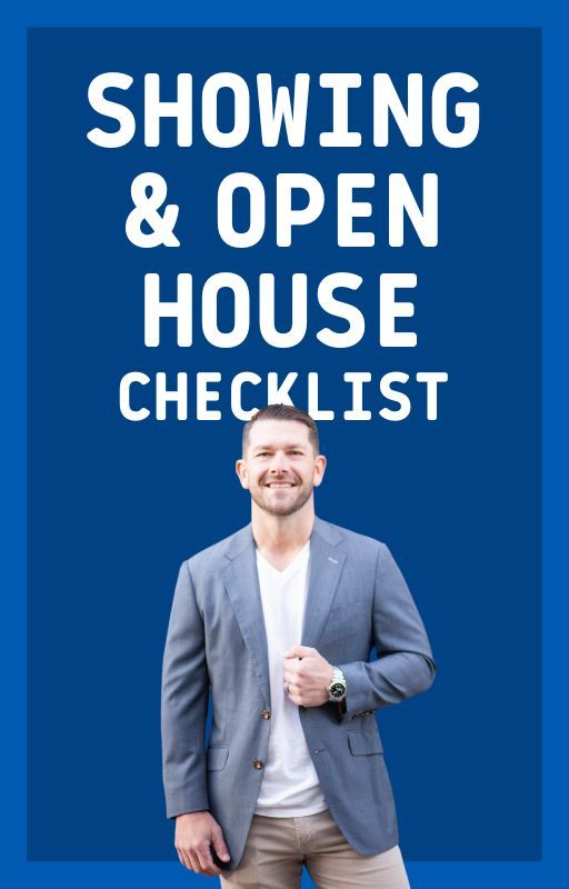 Man in a blue blazer standing before a sign reading “Showing & Open House Checklist”