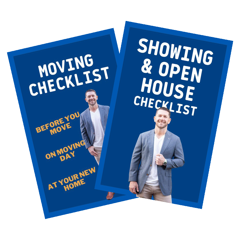 Blue checklist covers titled “Moving Checklist” and “Showing & Open House Checklist” with a man in a suit.