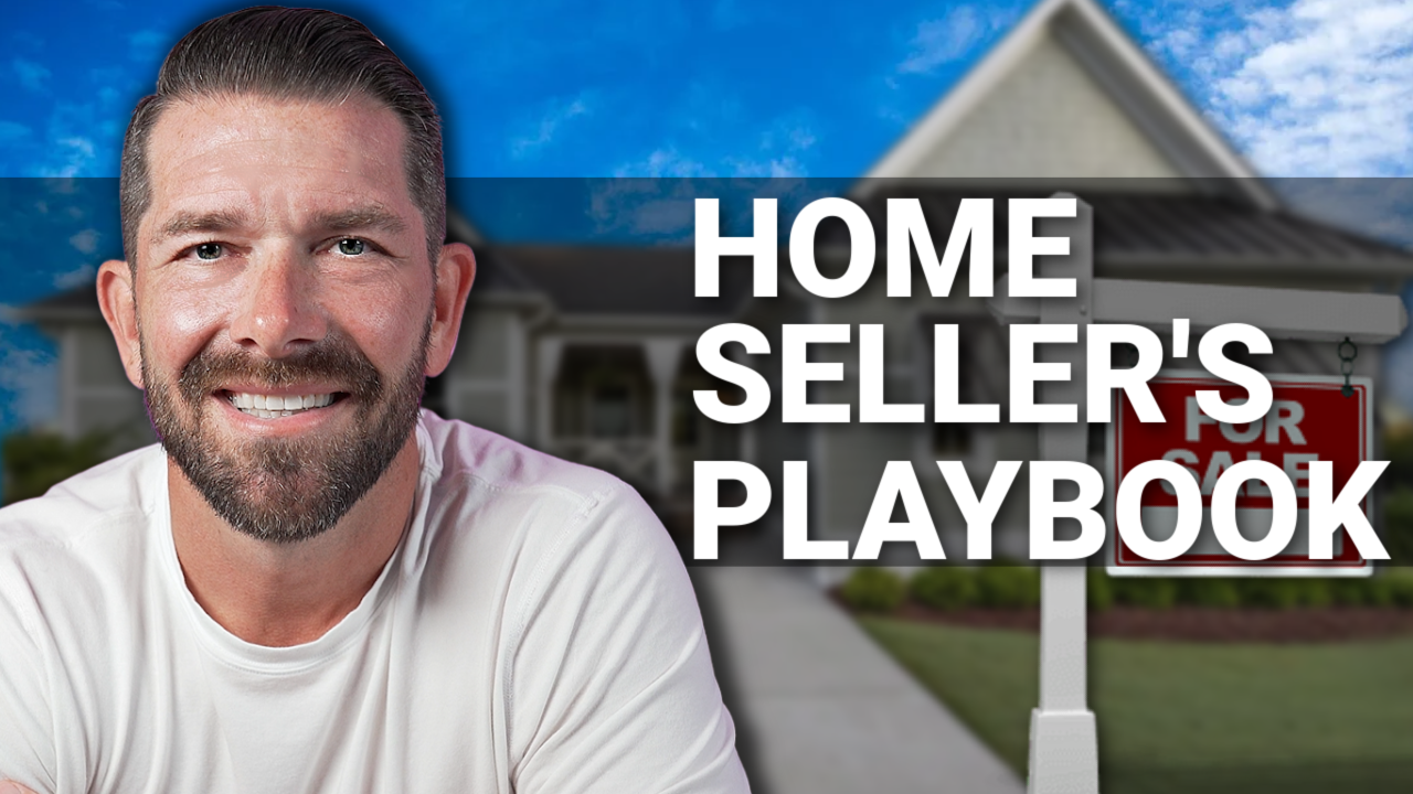 Smiling man in white shirt beside house graphic with bold text “Home Seller’s Playbook”