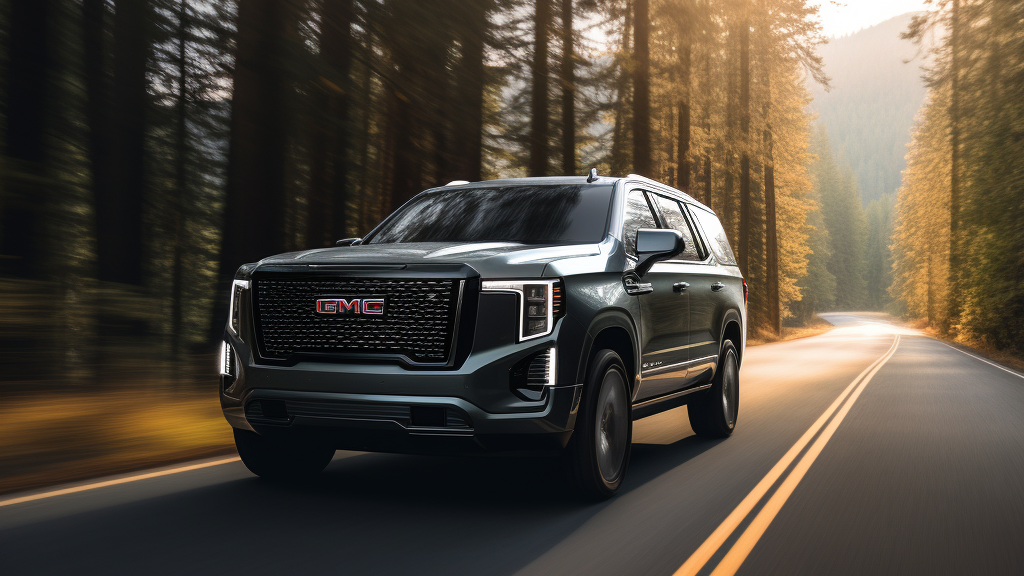 a gmc yukon is driving down a road in the woods .