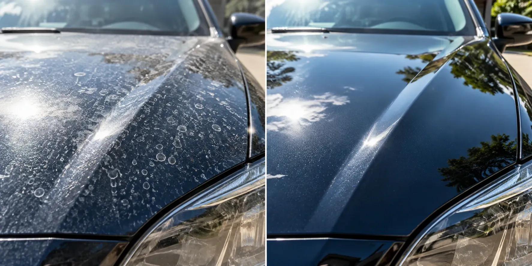 Dark vehicle hood showing heavy water spots before professional paint correction compared with a clean, glossy finish after water scale removal.