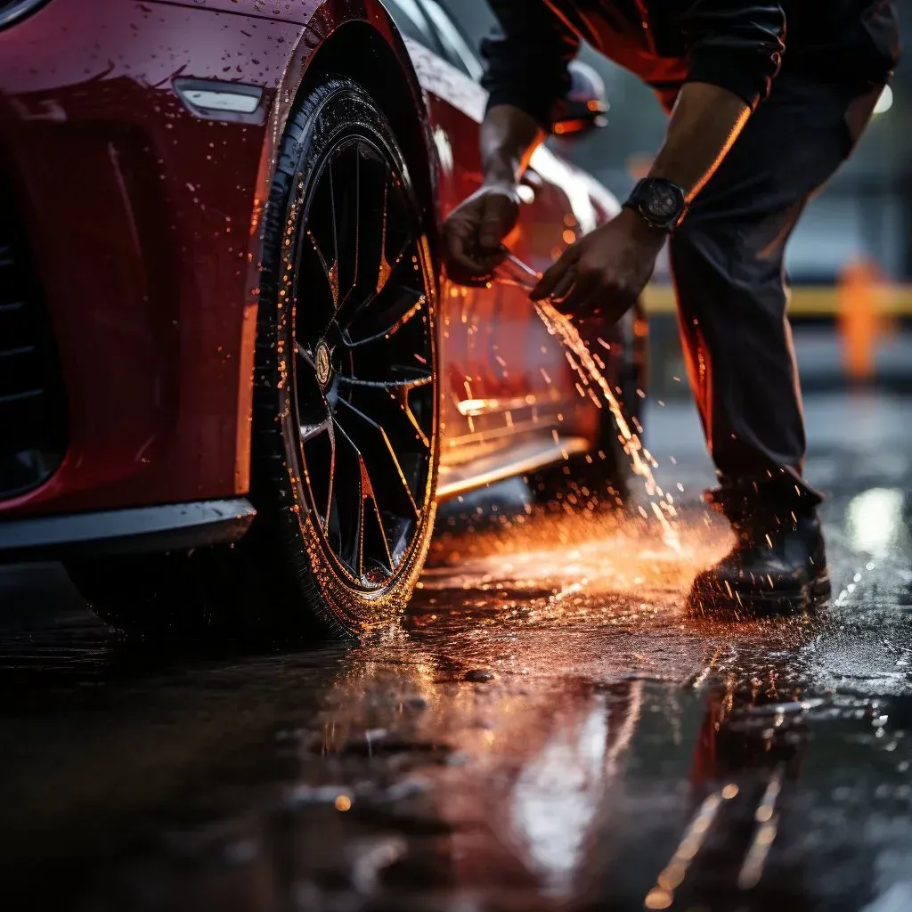 Mobile-Detailing-Person washing a red sports car, water splashing onto the wet pavement.
