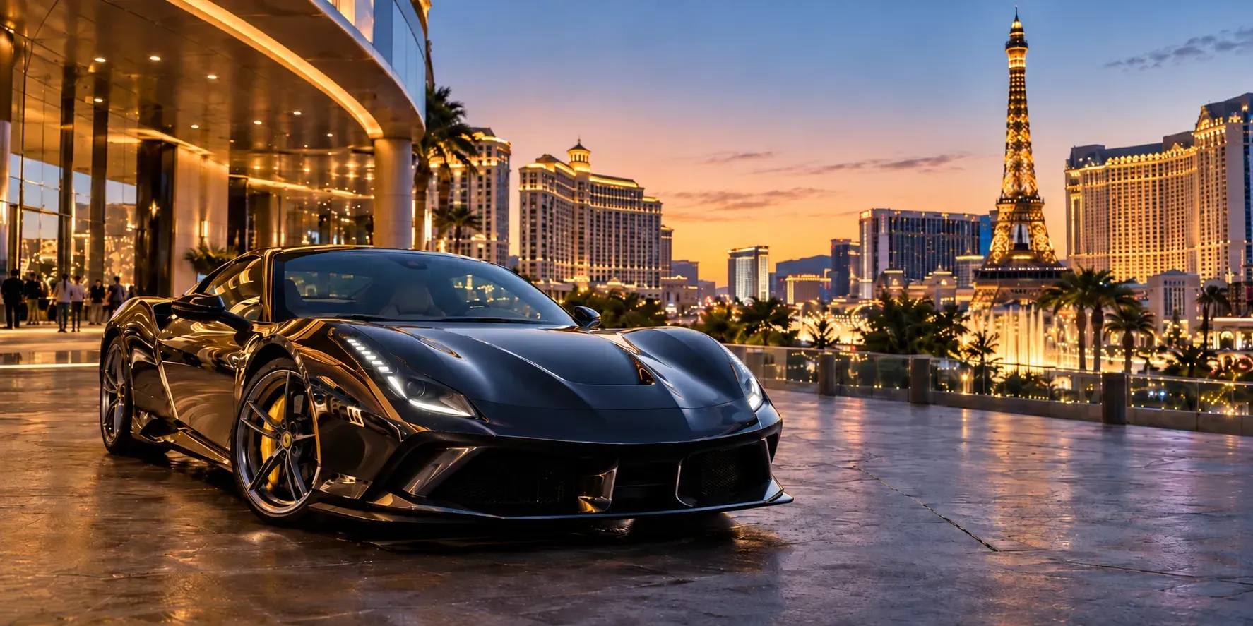 Glossy black sports car parked near the Las Vegas Strip at sunset, with the illuminated skyline and Eiffel Tower replica reflecting across the hood.