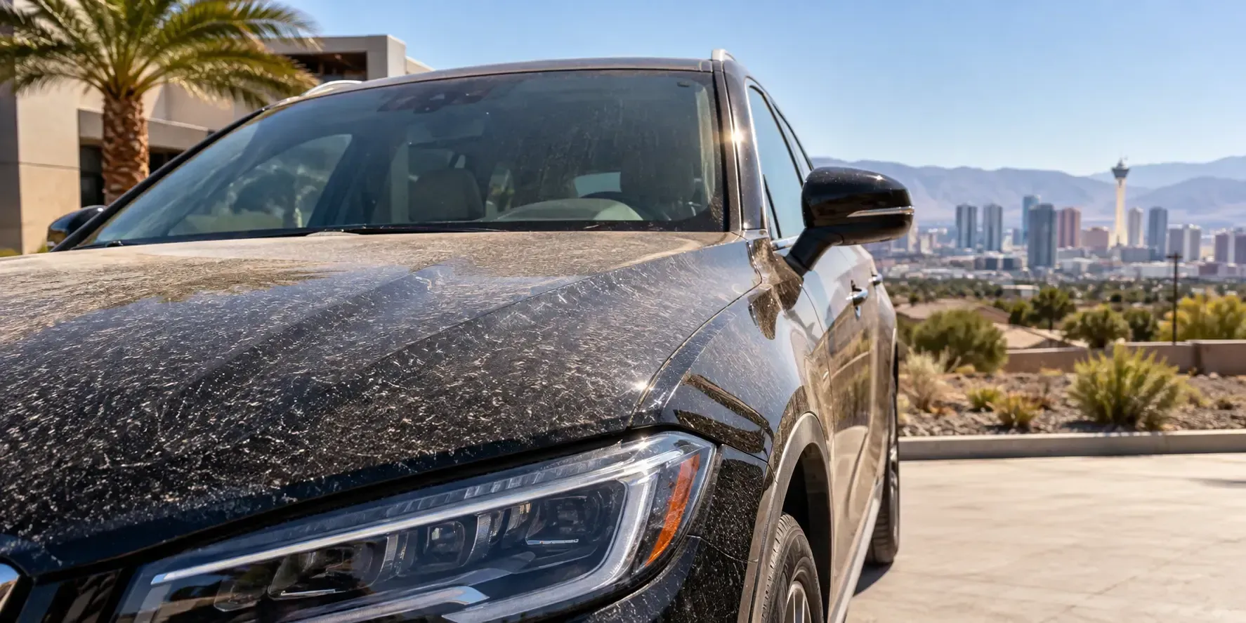 Dark luxury vehicle covered in fine desert dust under bright Las Vegas sunlight with the city skyline in the background.