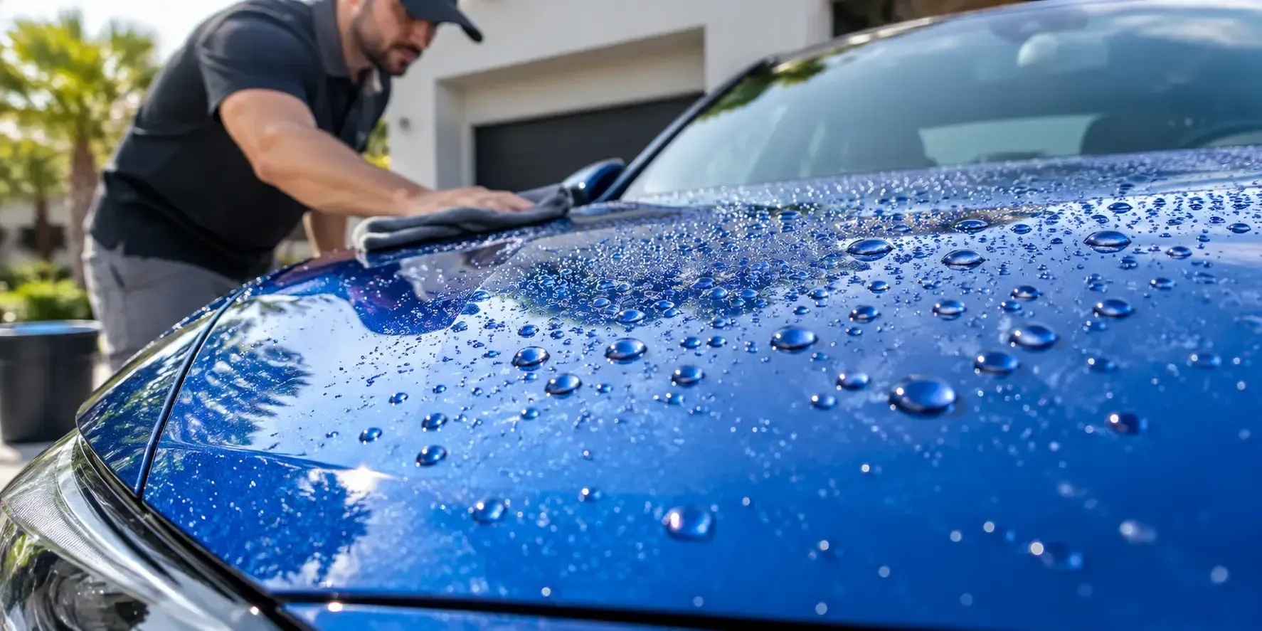 Blue car hood covered in water droplets showing the hydrophobic effect of ceramic coating.
