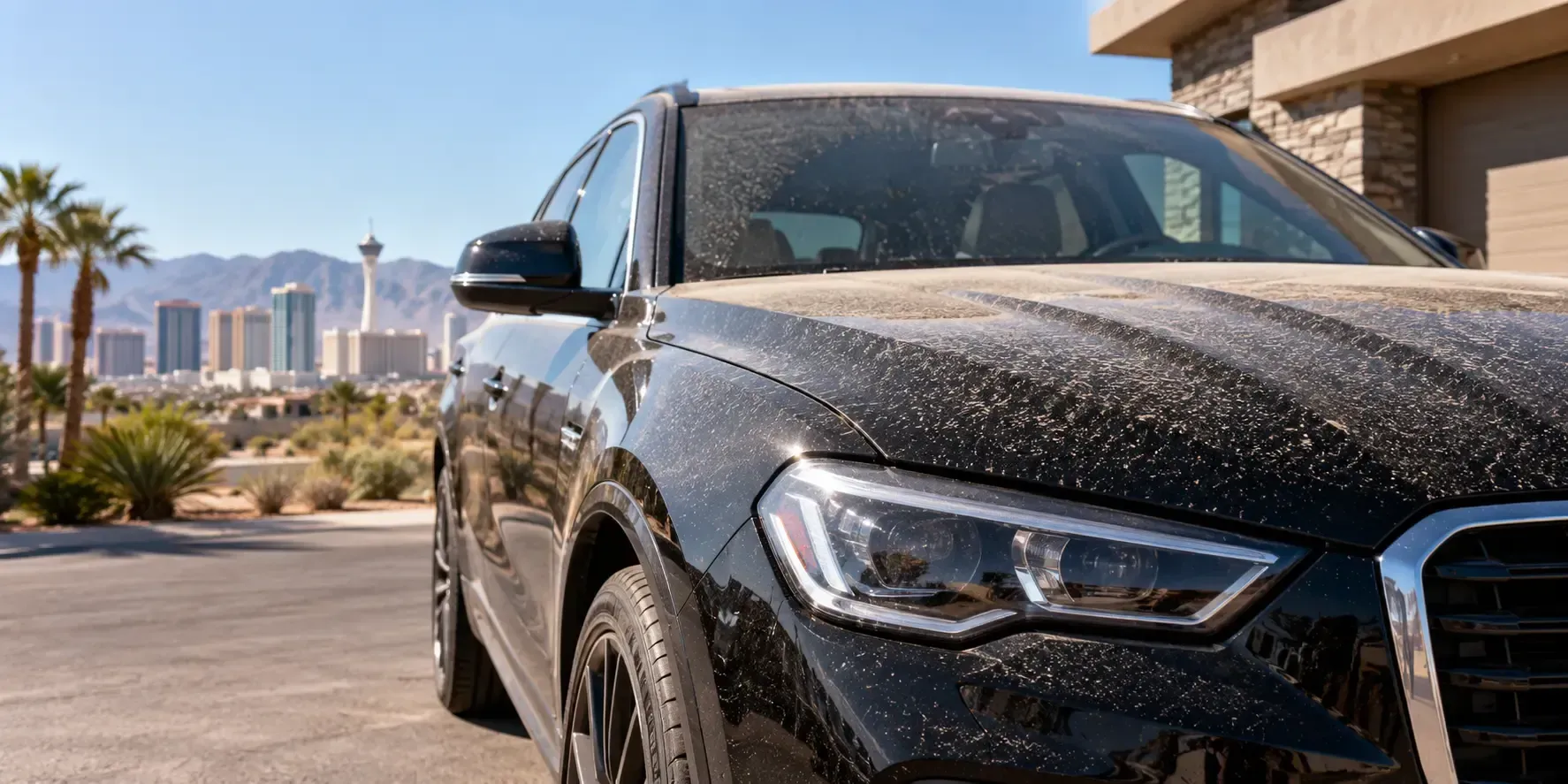 Dark luxury vehicle covered in fine desert dust under the bright Las Vegas sun