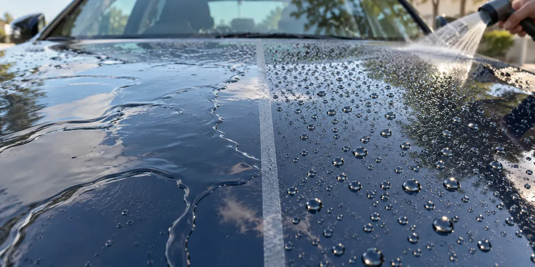 Side-by-side close-up of a car hood showing water sheeting on untreated paint and tight water beads on ceramic-coated paint.
