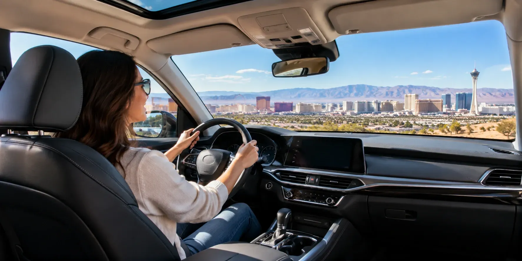 Clean luxury car interior with a woman driving and a panoramic view of the Las Vegas skyline and mountains through the windshield.