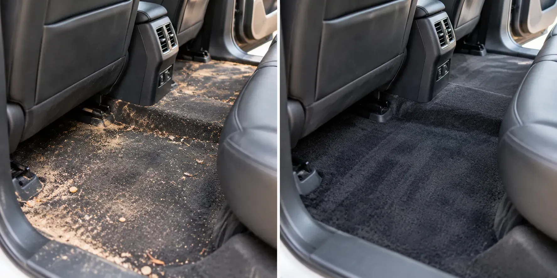 Side-by-side comparison of a dirty, sandy car carpet and a freshly shampooed, spotless carpet.