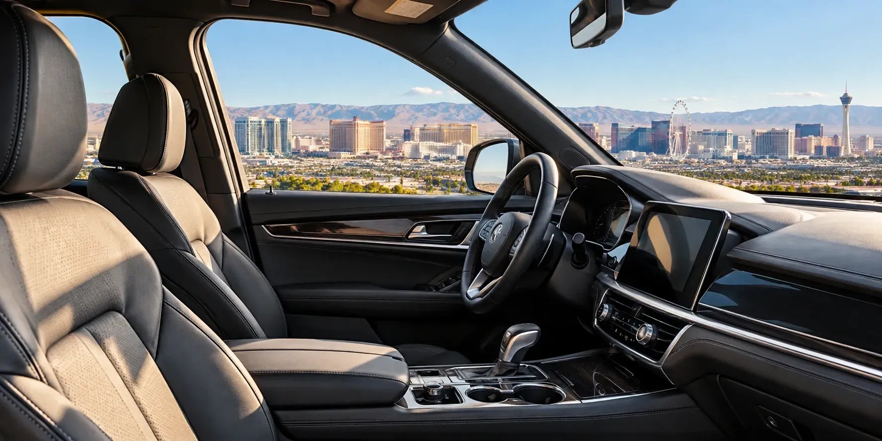Clean luxury car interior with a clear view of the Las Vegas valley and skyline.