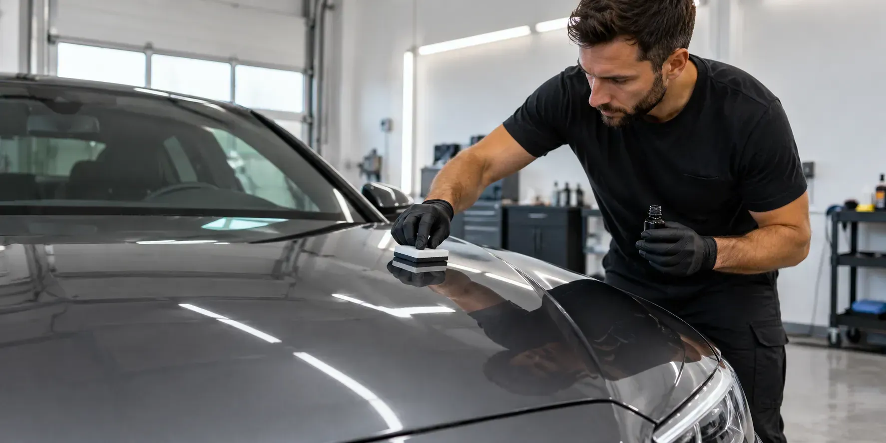 Professional auto detailer applying ceramic coating to a glossy vehicle hood with a microfiber applicator pad in a modern detailing garage.
