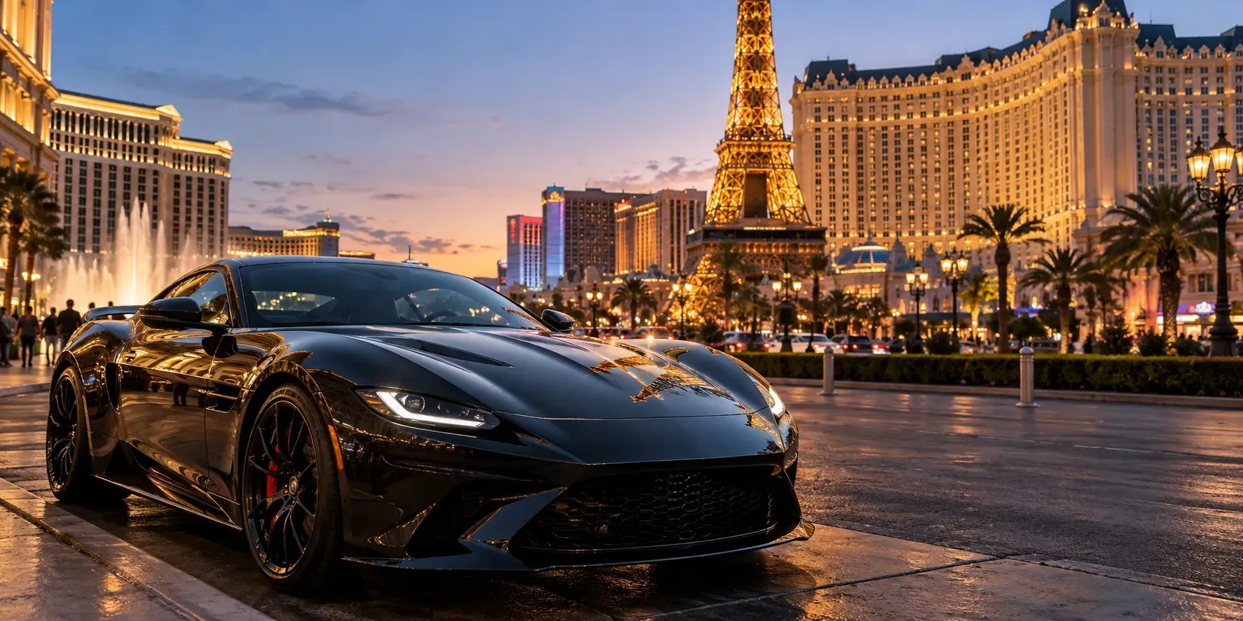 Sleek black sports car parked on the Las Vegas Strip with skyline reflections on the hood.