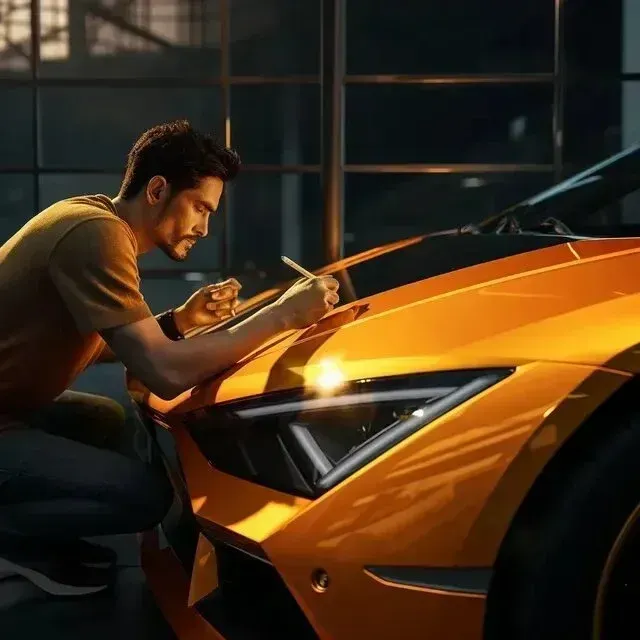 Mobile Detailing - A man is writing on the side of an orange car