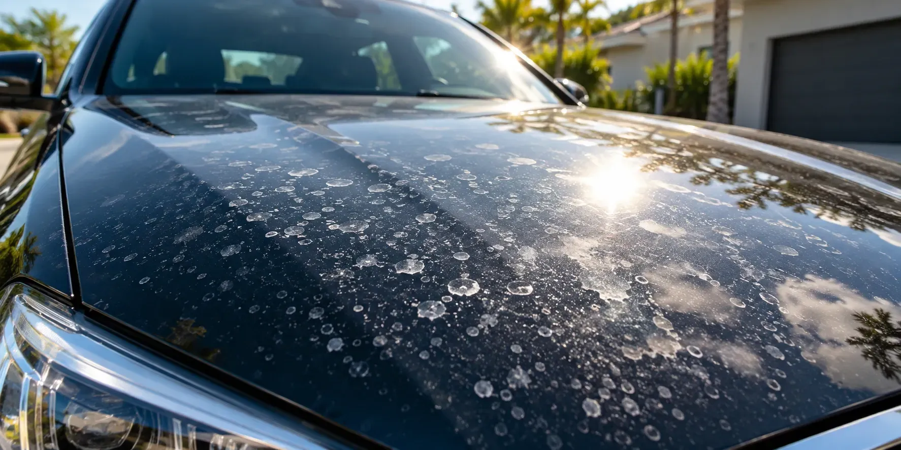 Close up of white mineral water spots covering the glossy dark hood of a luxury car under bright sunlight.