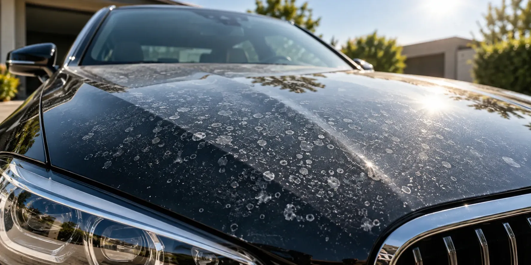 Dark luxury car hood covered in white mineral water spots reflecting bright sunlight and trees