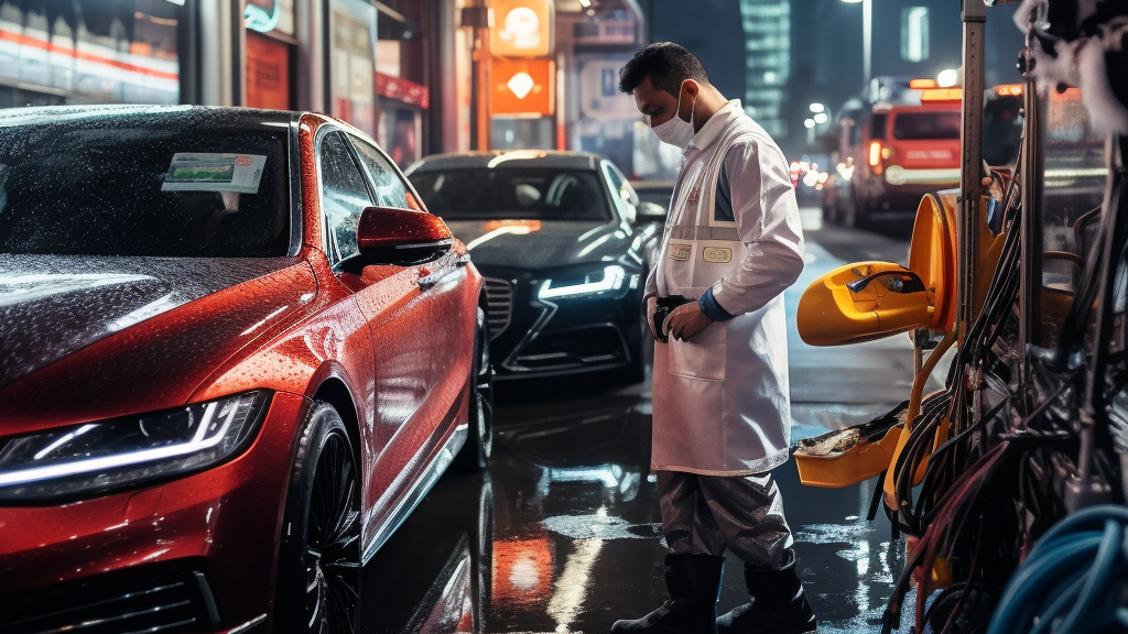 a man in a lab coat is standing next to a red car in the rain .