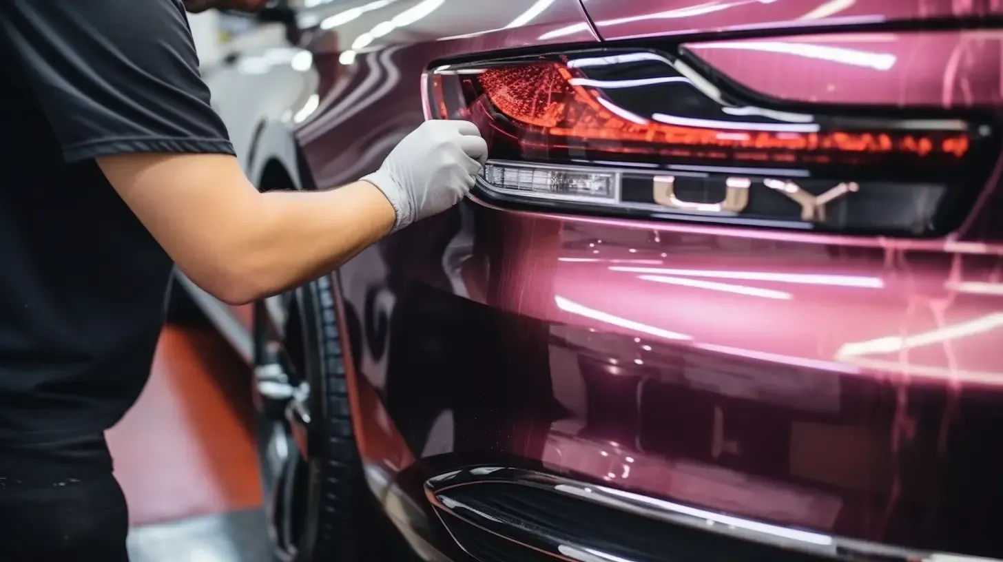 a man is working on the tail light of a purple car .