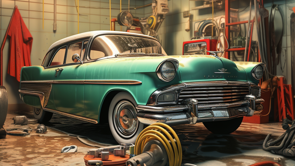a green car is parked in a garage surrounded by tools .