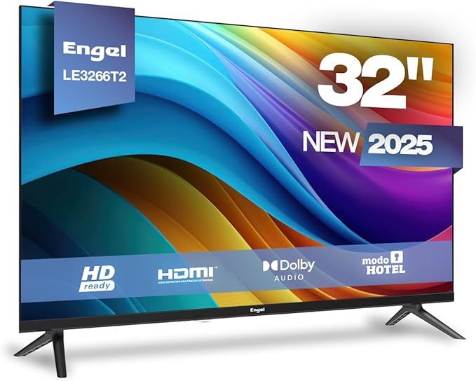 Televisor Engel de 32 pulgadas con fondo abstracto colorido, compatible con HD, HDMI y Dolby Audio. Etiqueta 