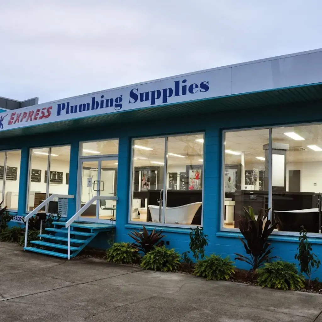 A blue building with a sign that says express plumbing supplies