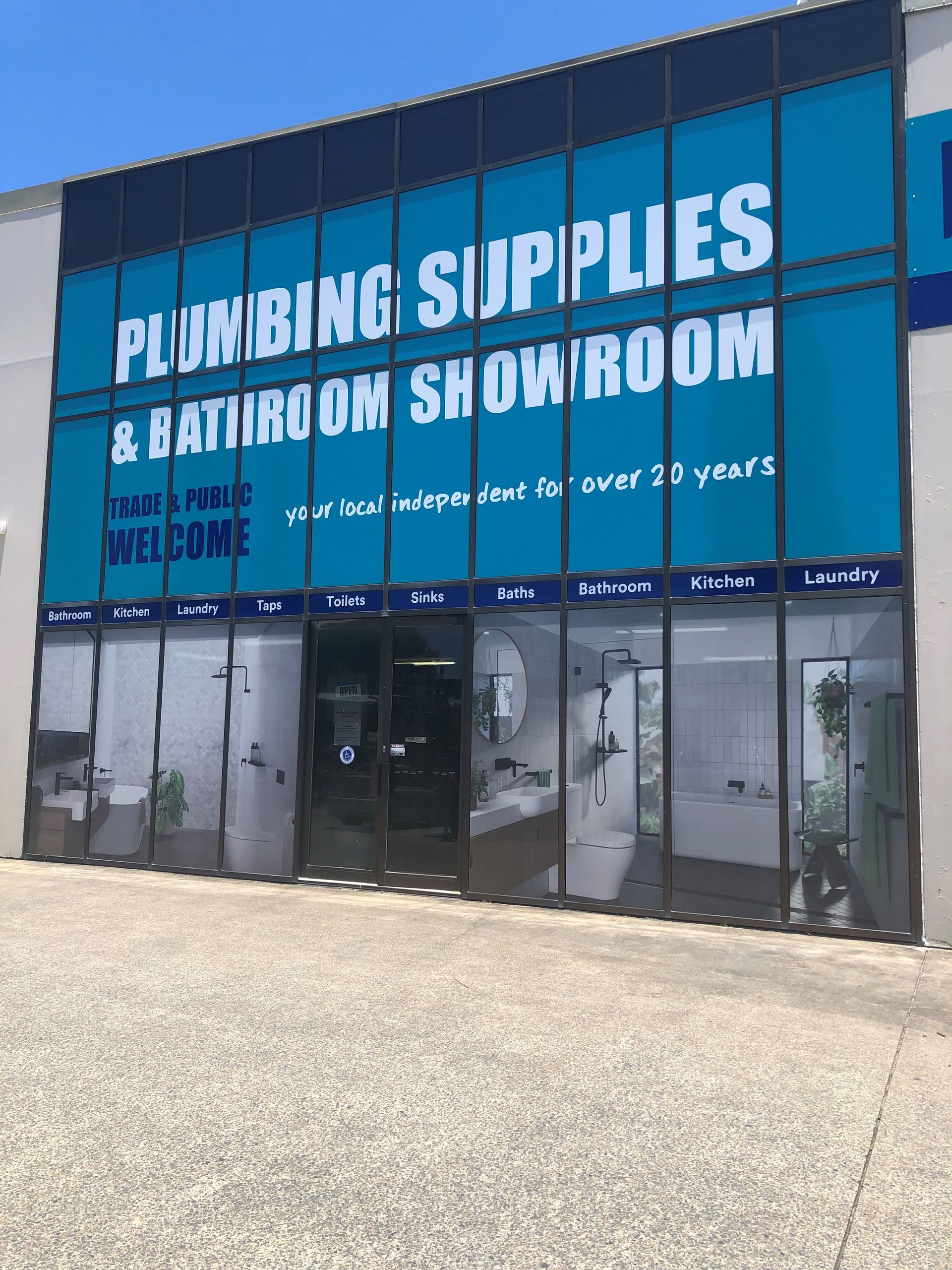 The front of a plumbing supplies and bathroom showroom